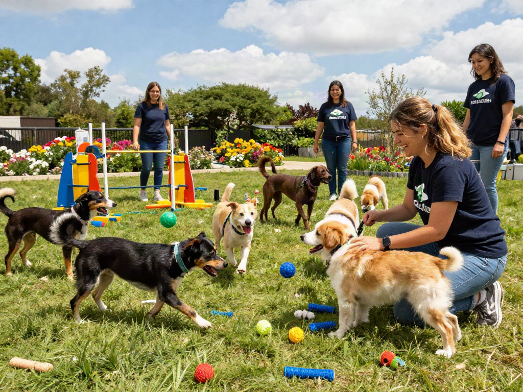 Spotlight on engaging dog daycare scene with joyful dogs playing and staff, showcasing slot depo 10k in pet care services.
