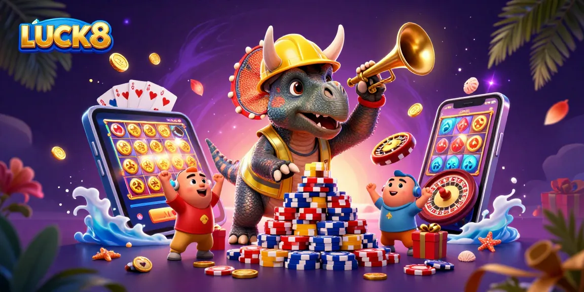 Experience LUCK8's vibrant slot games and dynamic action in an engaging casino scene.