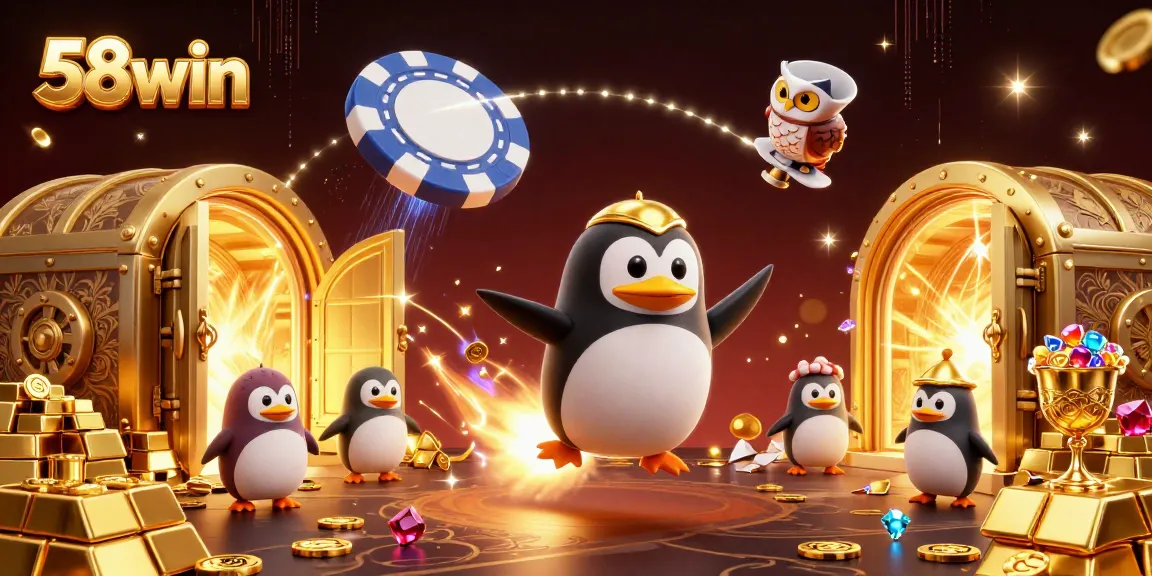 Experience thrilling action with 58win's golden penguin amidst sparkling casino treasures.