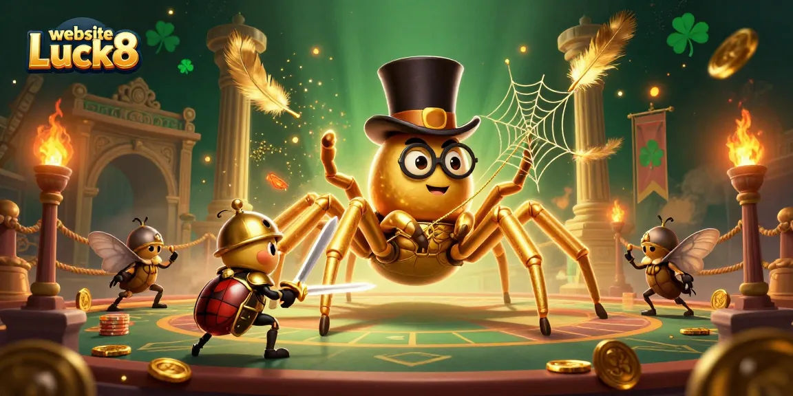 Join the adventure at website Luck8 as the golden tarantula weaves a web of fortune in a vibrant casino scene.