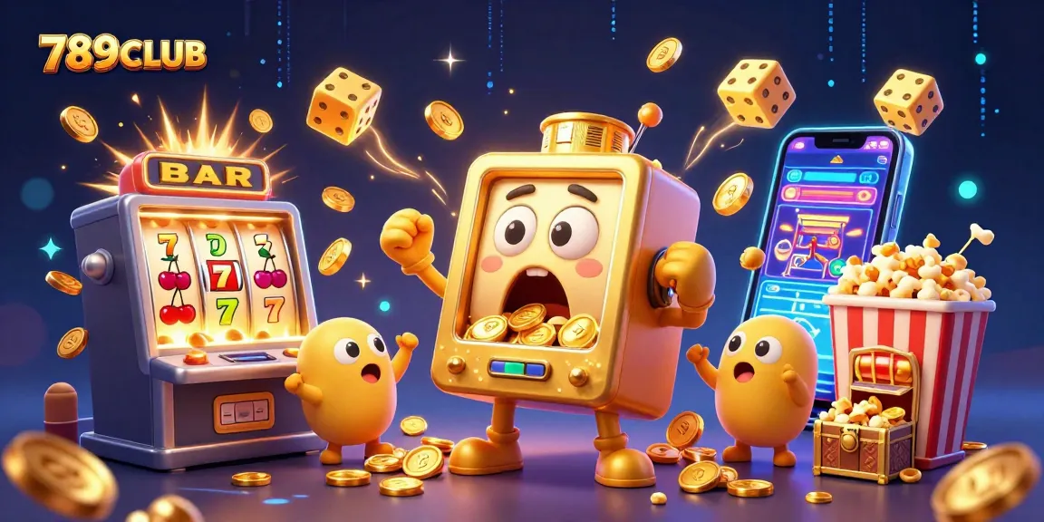 Experience the excitement at 789CLUB with a golden slot machine hitting a jackpot surrounded by joyful characters.