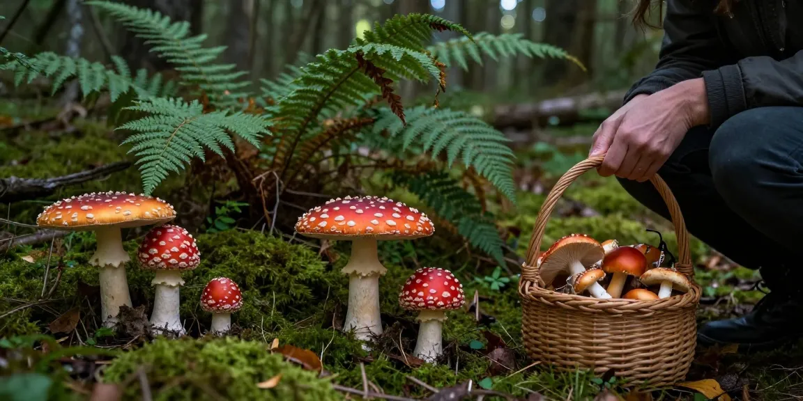 Amanita muscaria kaufen in einer ruhigen Waldumgebung mit lebhaften Pilzen und einer Person, die sie studiert.