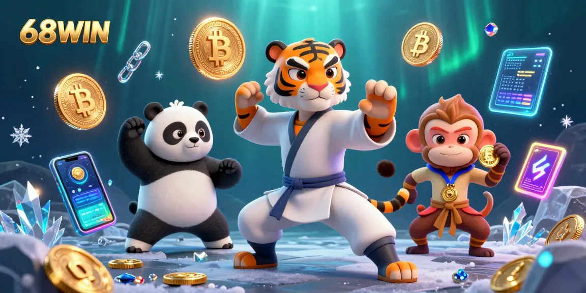 Engage with thrilling gaming at 68WIN, where a kung fu tiger master showcases winning strategies against a backdrop of neon crypto elements.