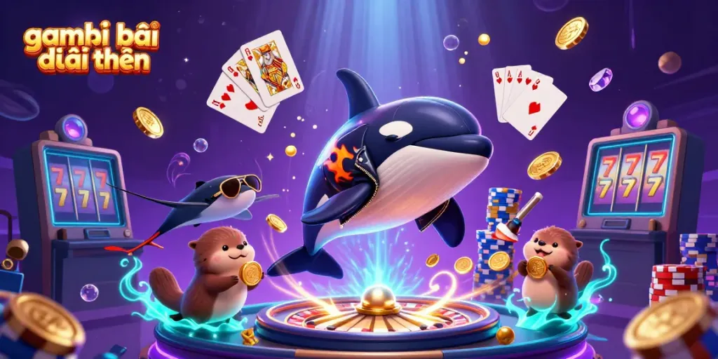 Engaging illustration showcasing game đánh bài đổi thưởng with a vibrant scene of characters surrounded by casino elements and golden coins.