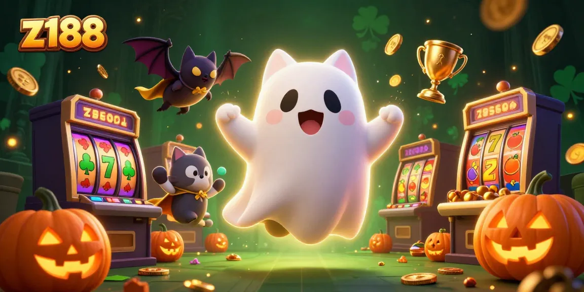 Experience thrilling gameplay with z188 in a lively haunted casino scene featuring dynamic slot elements.