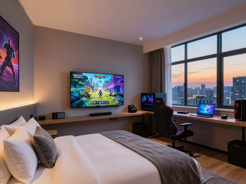 Comfortable ROKOK88 hotel room with modern gaming facilities and cozy decor, ideal for enjoying the rokok88 apk experience.