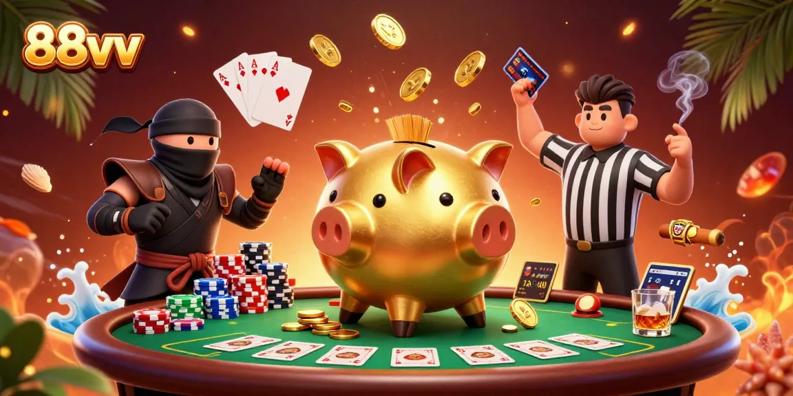 Exciting illustration of 88vv casino scene with a golden piggy bank sumo wrestler and dramatic poker elements.