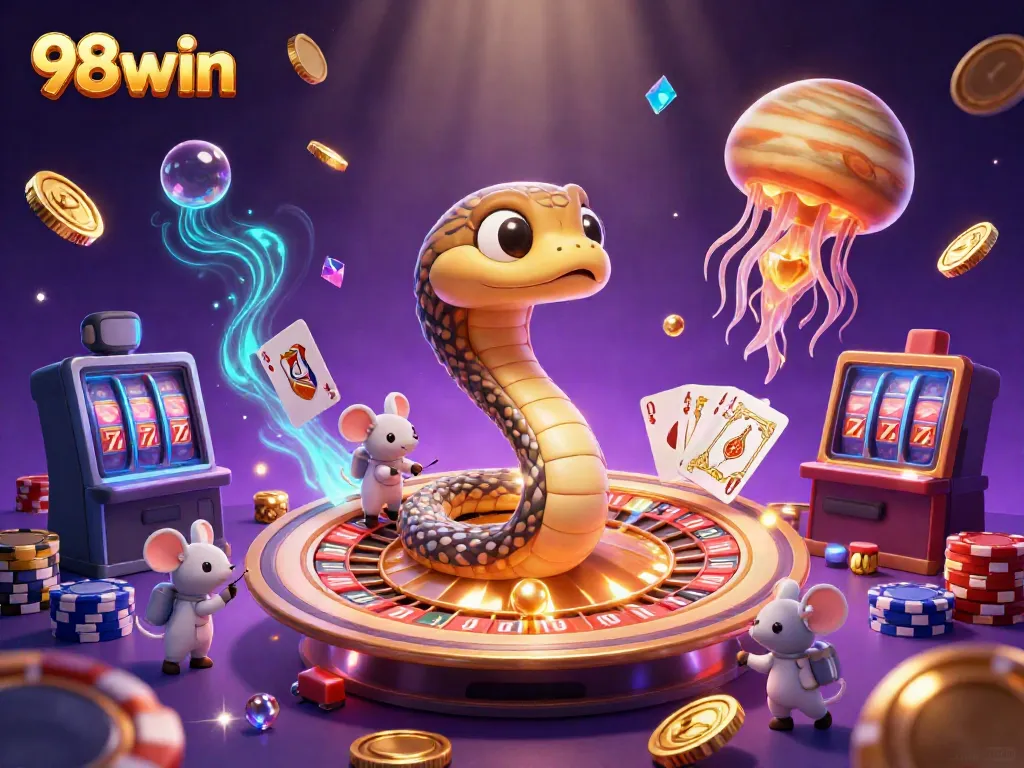 Bet with mice on a cosmic roulette wheel in the 98win casino illustration.