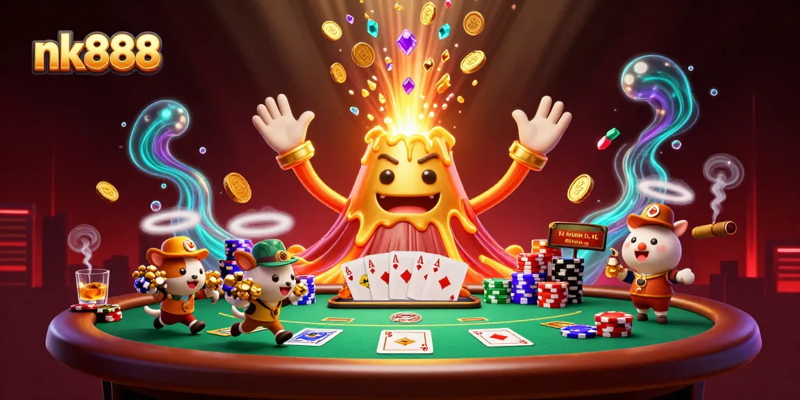 Experience the thrill of nk888 as a golden volcano erupts coins and gems in an exciting casino scene.