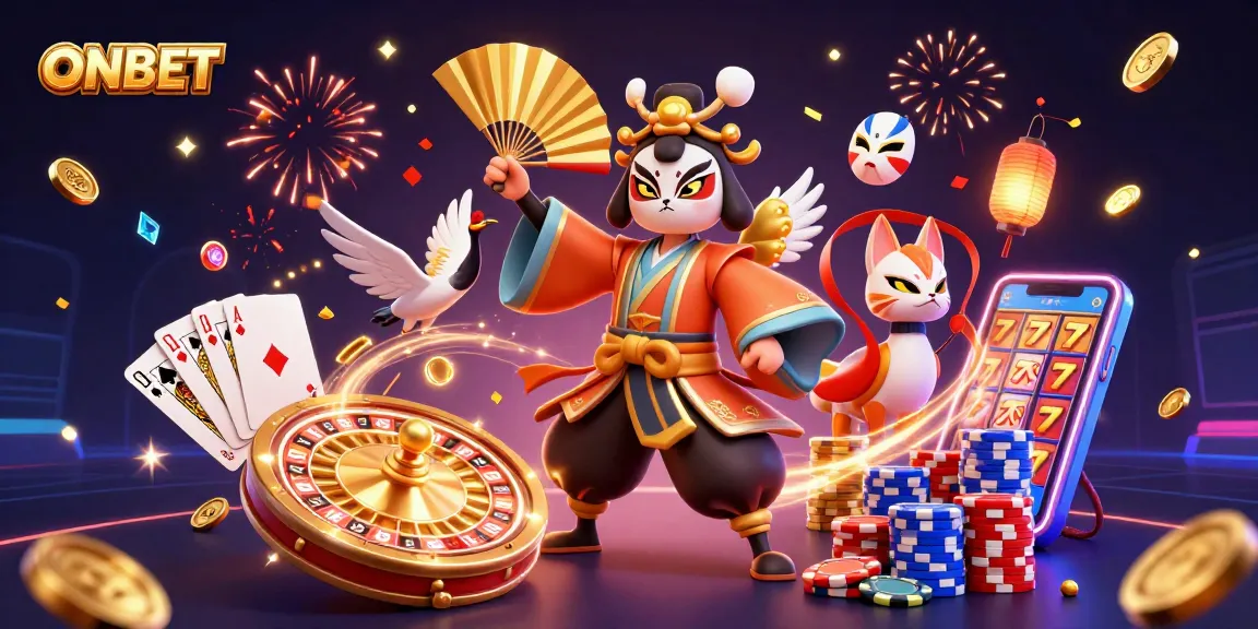 Experience thrilling gameplay at ONBET with a vibrant 3D casino scene featuring golden coins and gaming elements.