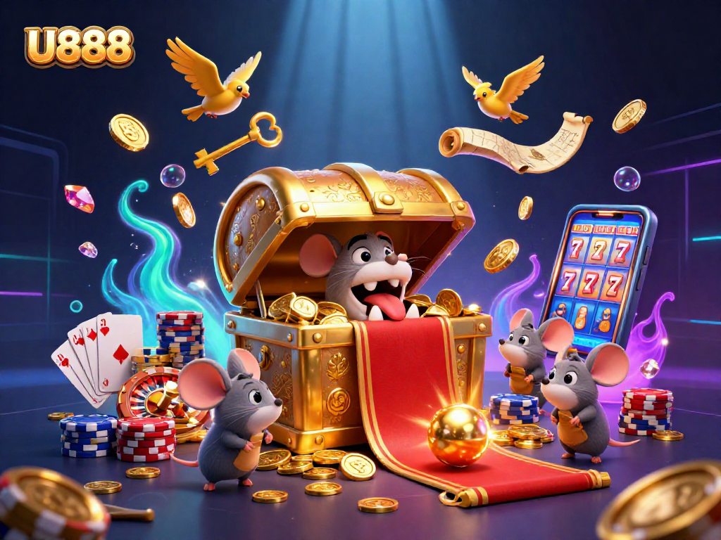 Experience U888's thrilling gaming treasures with vibrant 3D illustrations of exciting casino elements.