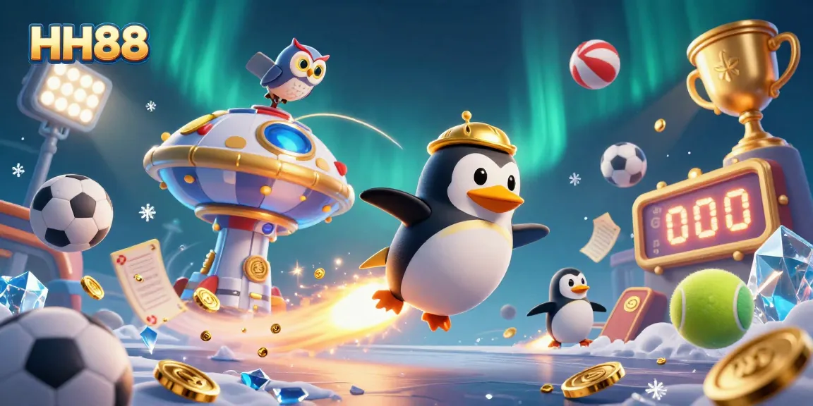 Win big with HH88 as a golden penguin blasts through a cosmic casino landscape!