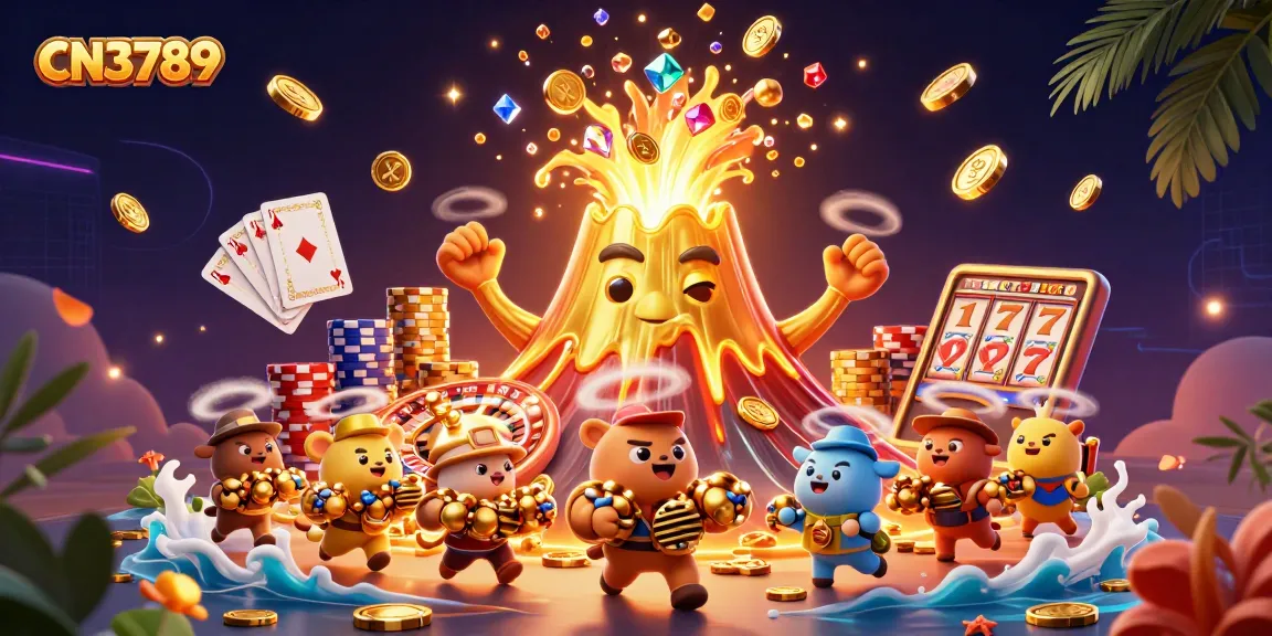 Experience thrilling wins with CN3789 as a golden volcano erupts treasure in an exciting casino scene.
