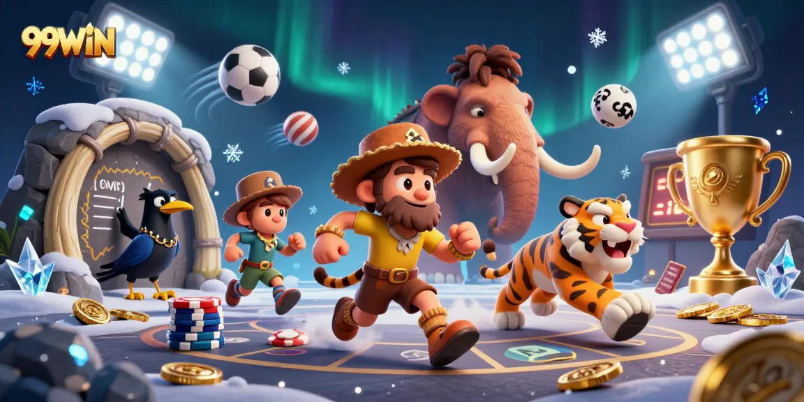 Experience 99WIN slots excitement with a lively prehistoric casino scene featuring thrilling games and dynamic sports elements.