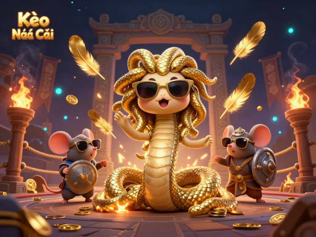 Experience thrilling action with Kèo Nhà Cái featuring Medusa and a warrior mouse in a dynamic casino scene.