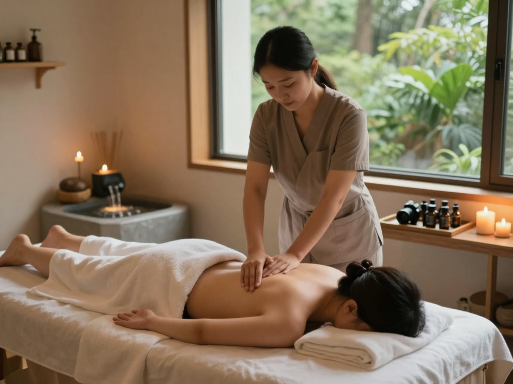 Relaxing 일산출장안마 session in a tranquil spa with soothing elements.