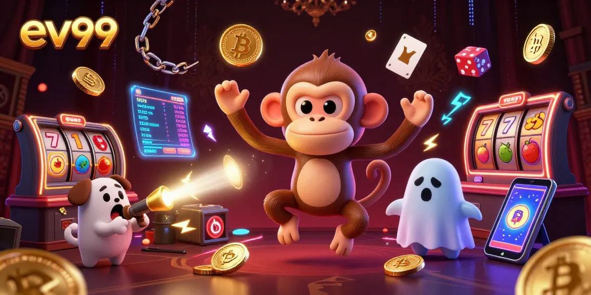 ev99 showcases a ghostly casino scene with cryptocurrency elements and a playful ghost-hunter puppy.