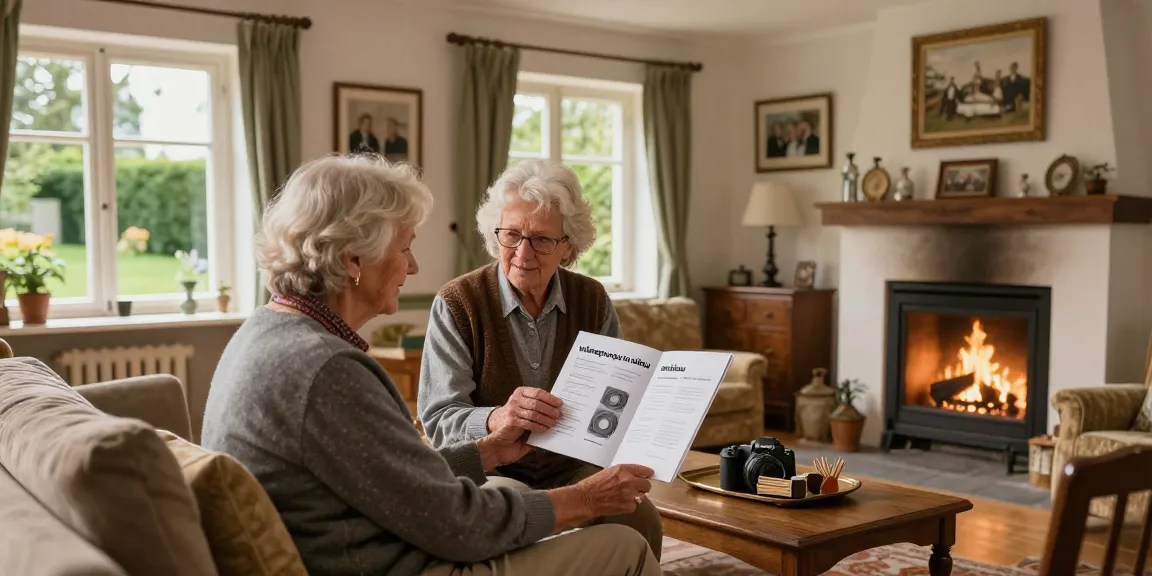 Wärmepumpe im Altbau: elderly couple exploring home renovation ideas in a cozy living room.