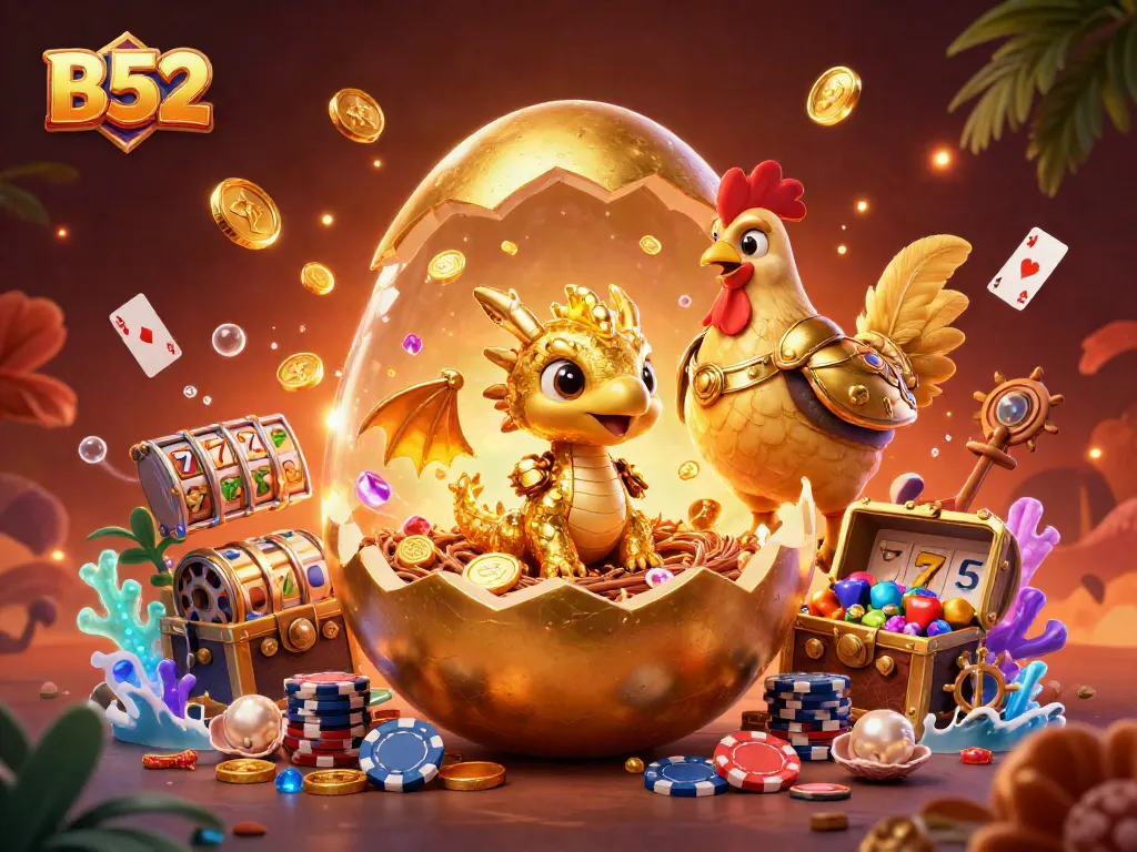Engage with B52's dynamic slot game scene featuring a golden dragon and poker chips.