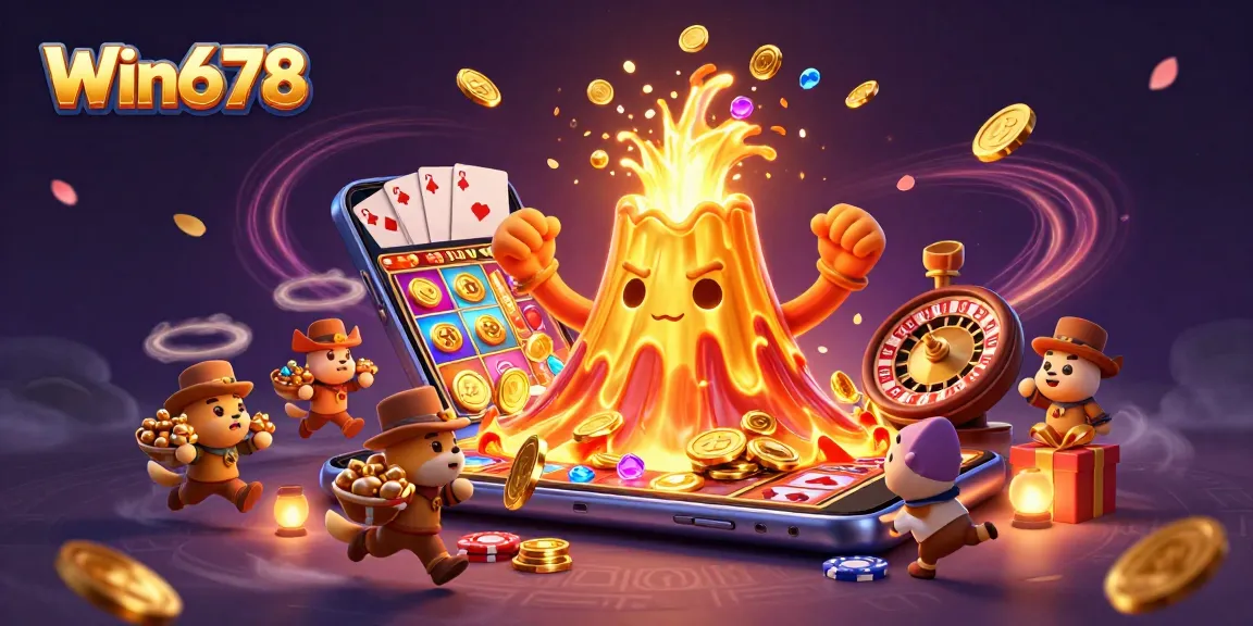 Win678 showcases an exciting scene with golden volcano and treasure in a vibrant casino atmosphere.