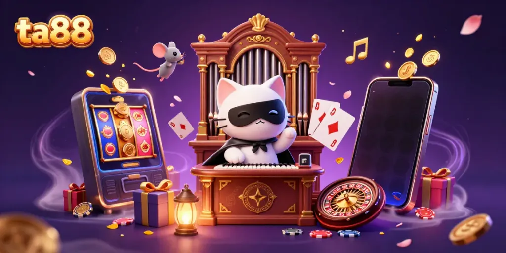 Win big at ta88 with a magical casino experience featuring a masked cat and a mouse acrobat.