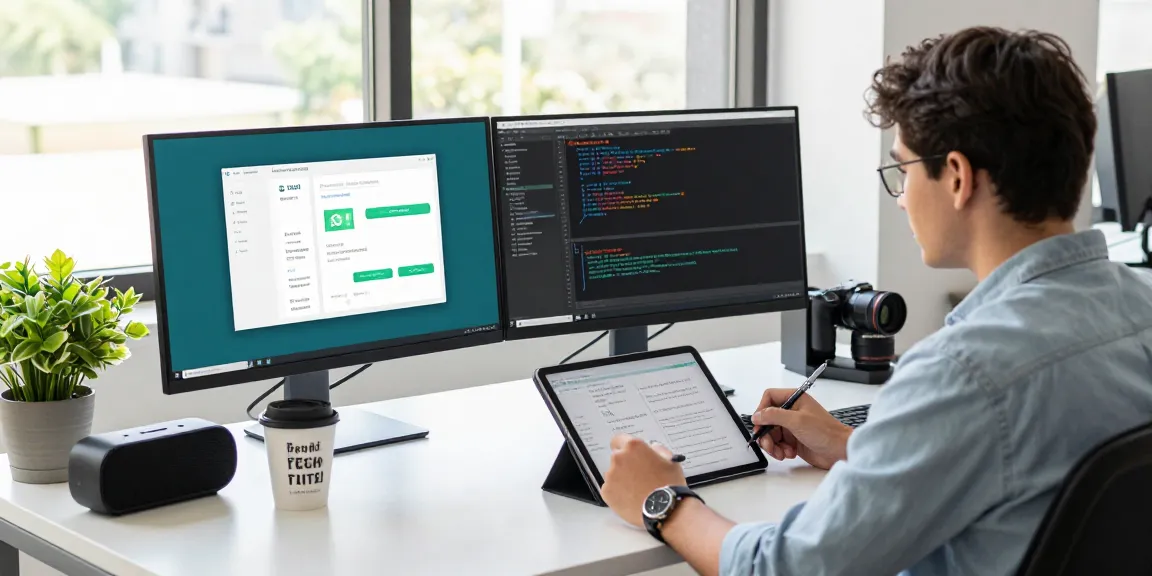 WhatsApp電腦版 displayed on multiple monitors in a modern tech workspace with a focused professional.