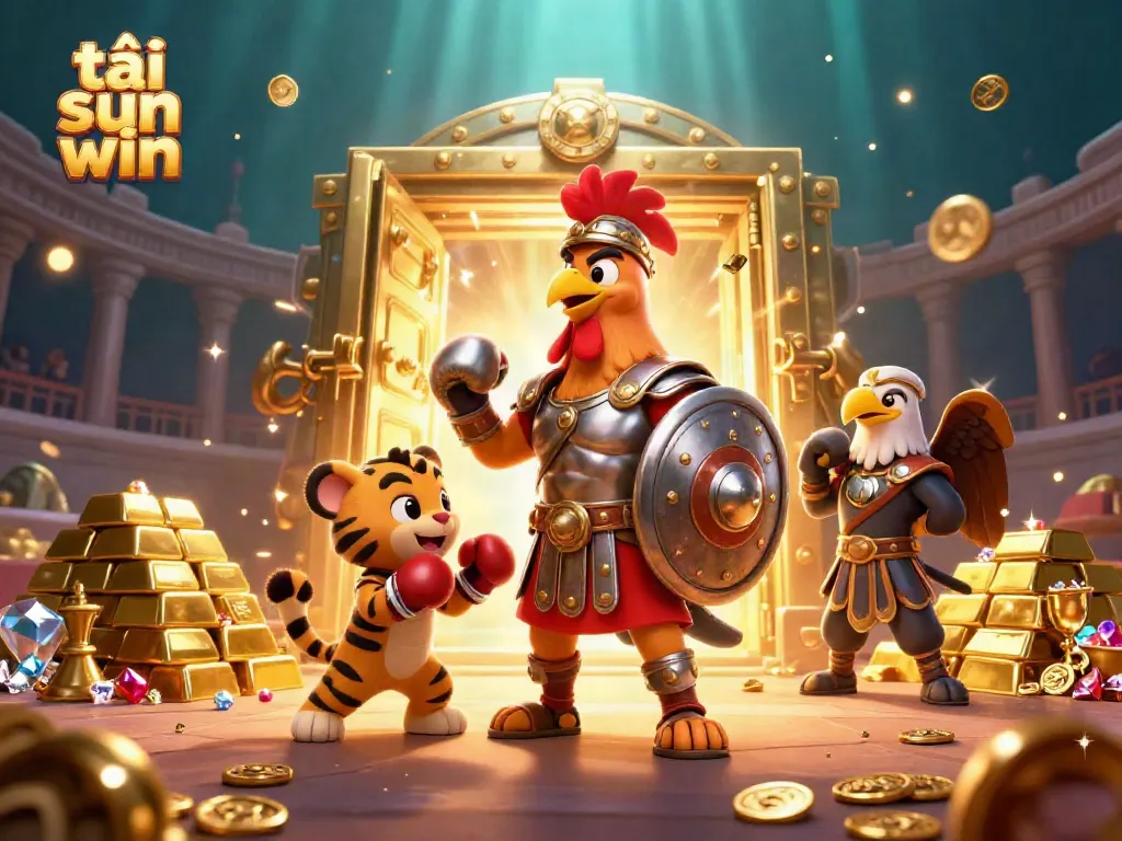 Experience the excitement of tải sun win through a dynamic 3D casino scene featuring a gladiator rooster and treasures.