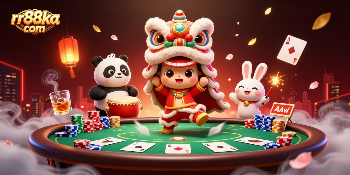 Engage with vivid casino excitement at rr88ka com, featuring lively characters amidst dynamic poker elements.