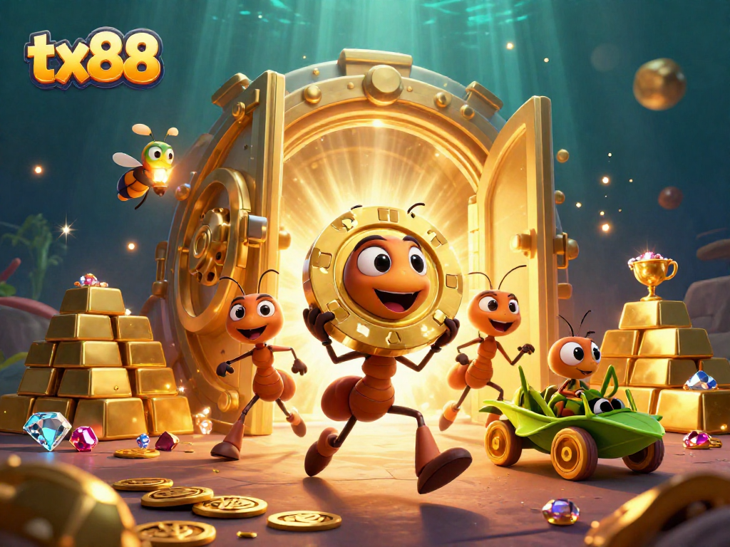 tx88 ants carrying a giant poker chip amidst sparkling treasure in a vibrant heist scene