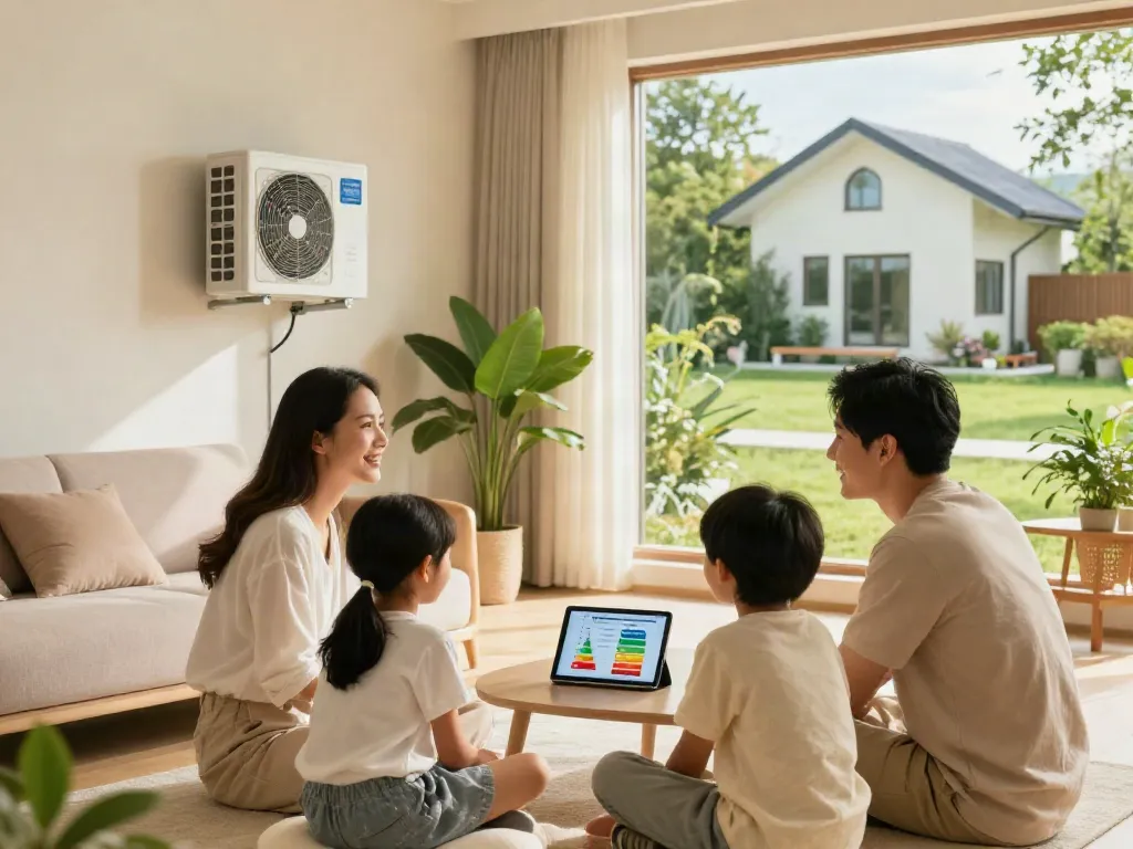 Diskussion über Wärmepumpe Kosten in einem modernen Wohnraum mit Familie und digitaler Planung.