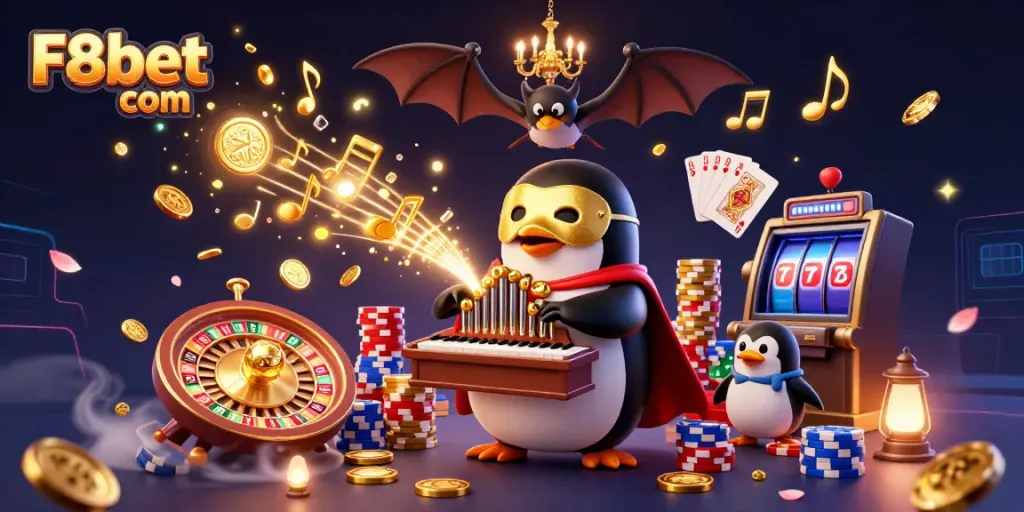 Experience thrilling wins at F8bet com with a spectacular casino scene featuring cartoon characters and vibrant gaming elements.