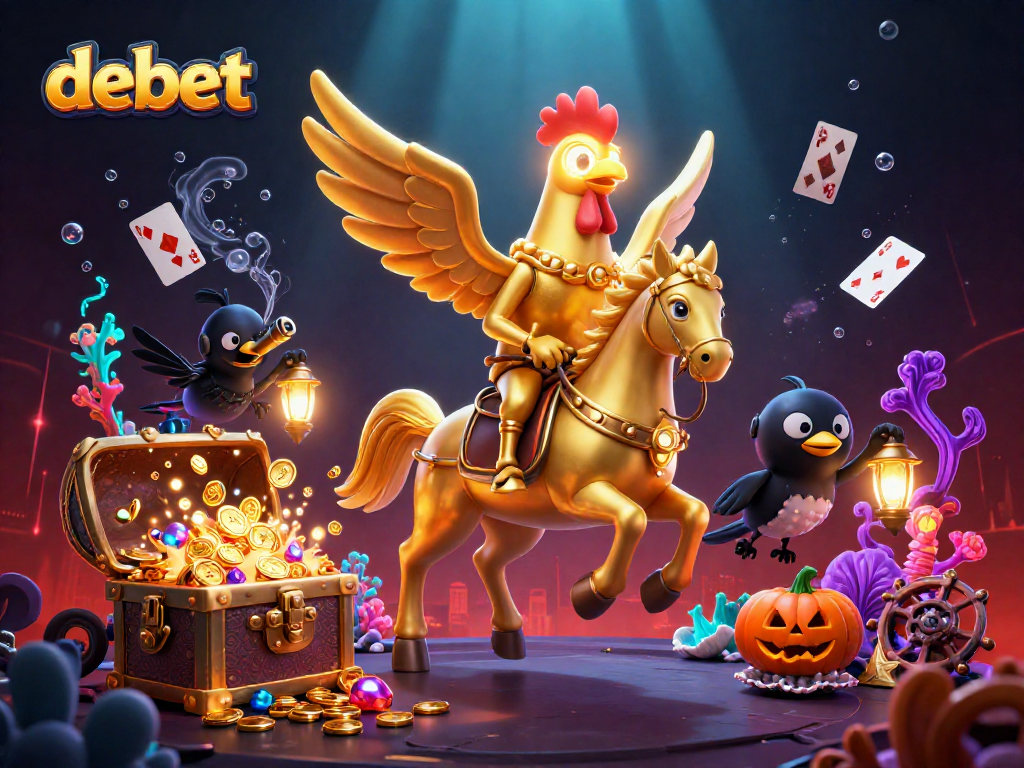 Engage with debet's thrilling casino experience featuring a golden rooster in a vibrant 3D scene.
