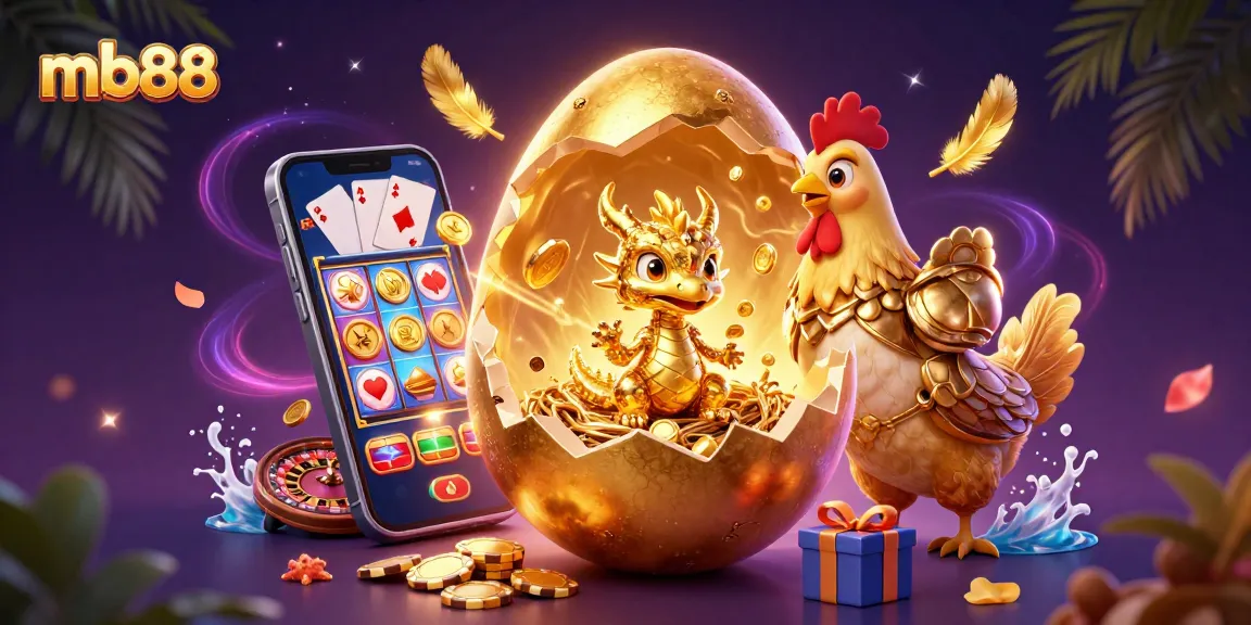 Win big with mb88: A 3D illustration of a golden baby dragon guarding poker chips and slots.