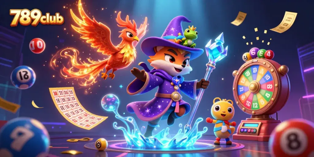 Experience winning with 789club in a vibrant casino-themed 3D illustration full of dynamic lottery elements.