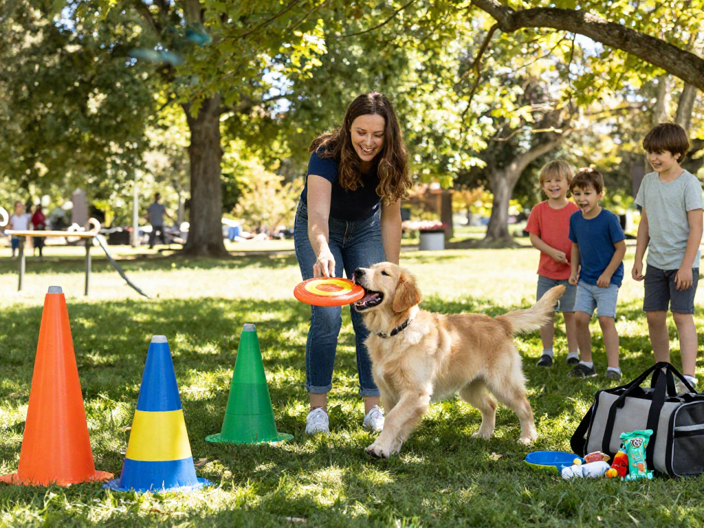 Dog owner using DEWI111 to train a golden retriever puppy in a sunny park.