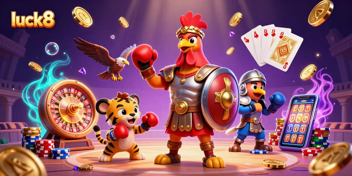 Experience the excitement of luck8 with a vibrant casino-themed 3D illustration featuring action-packed characters and dynamic game elements.