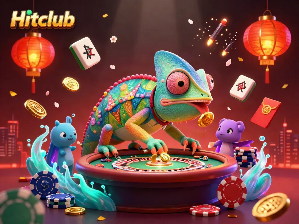 Experience Hitclub's vibrant gaming scene with a chameleon casino owner and festive casino elements.