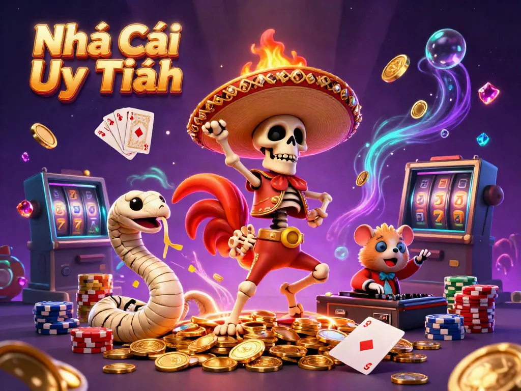 Experience the excitement of Nhà Cái Uy Tín with a lively illustration of gaming characters celebrating amidst casino elements.