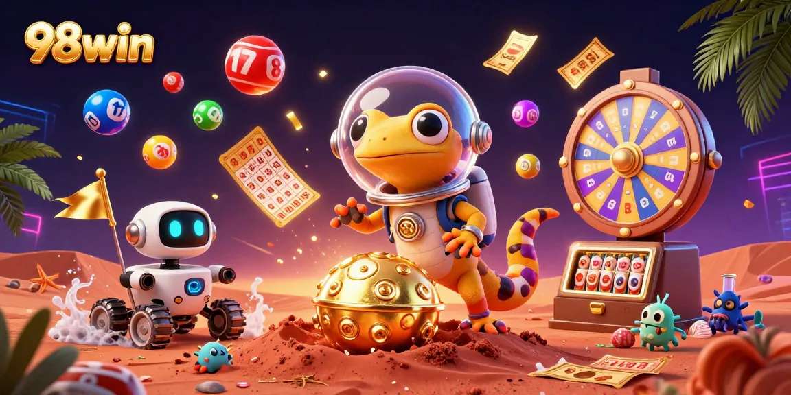 Explore the 98win casino adventure with alien characters discovering treasures beneath Mars.