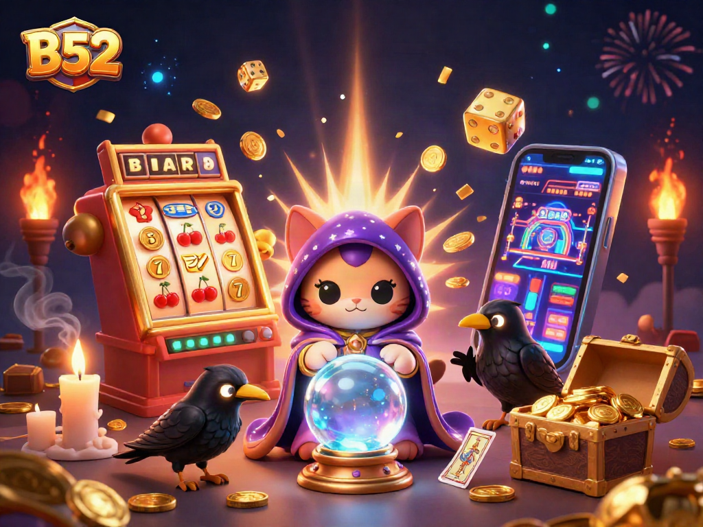 Experience thrilling gameplay at B52 with our spectacular casino scene featuring a fortune teller and slot machine.
