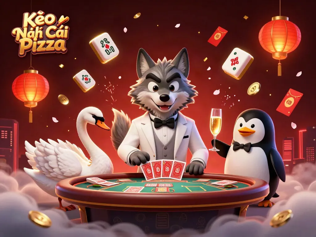 Kèo Nhà Cái Pizza showcases an elegant 3D casino scene with animated characters and vibrant gambling elements.