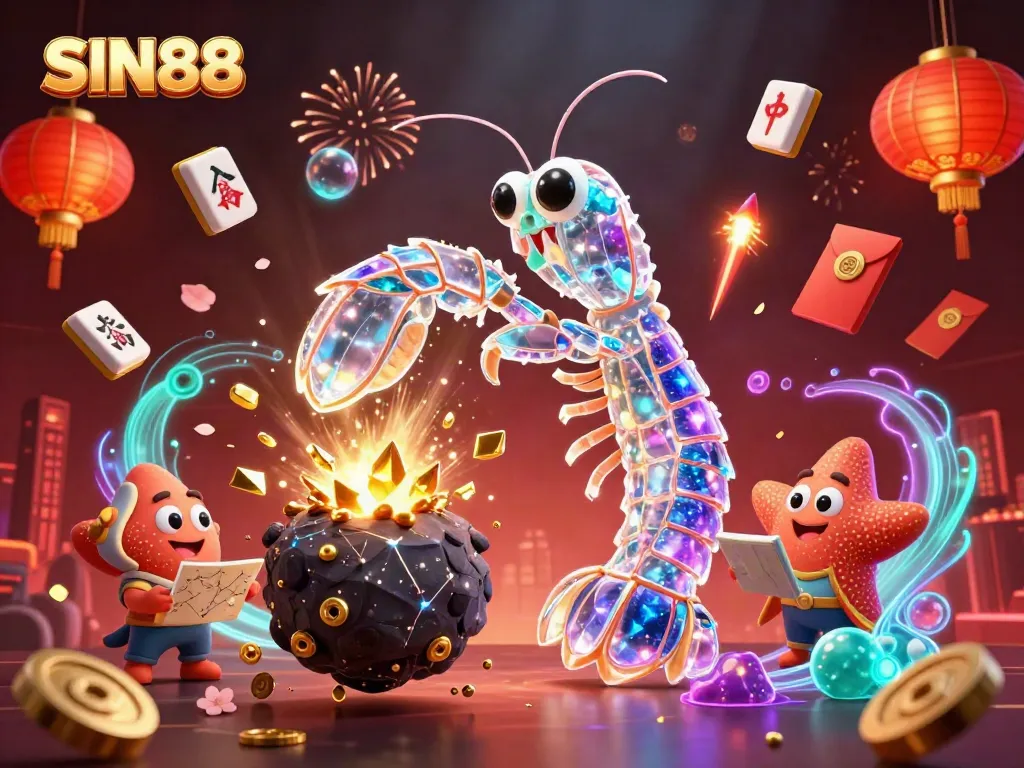 SIN88 showcases a vibrant space-themed casino adventure with galactic characters and rich gem explosions.