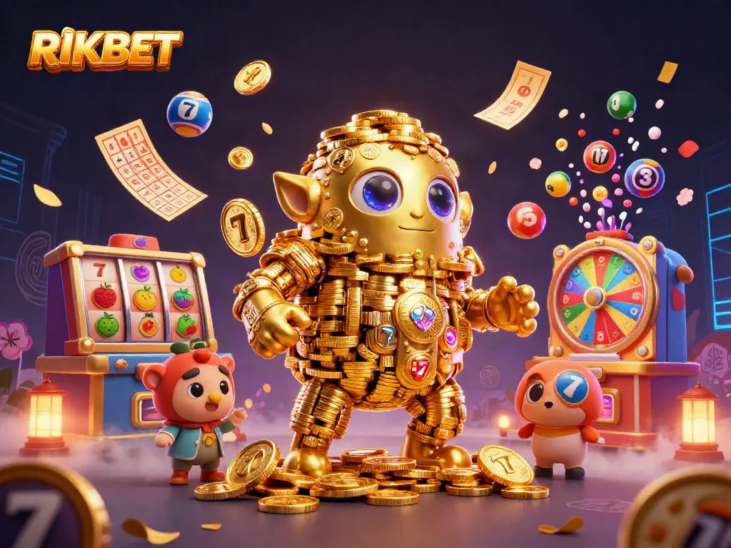Experience excitement with RIKBET's vibrant casino adventure featuring a golden golem and dynamic slot elements.