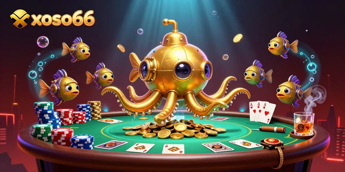 xoso66 illustrates casino excitement with a golden kraken submarine and poker elements.