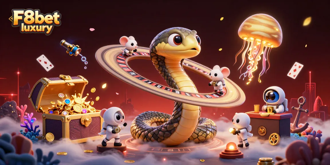 Experience F8bet luxury with a dynamic scene of 3D cartoon characters engaging in a cosmic casino.