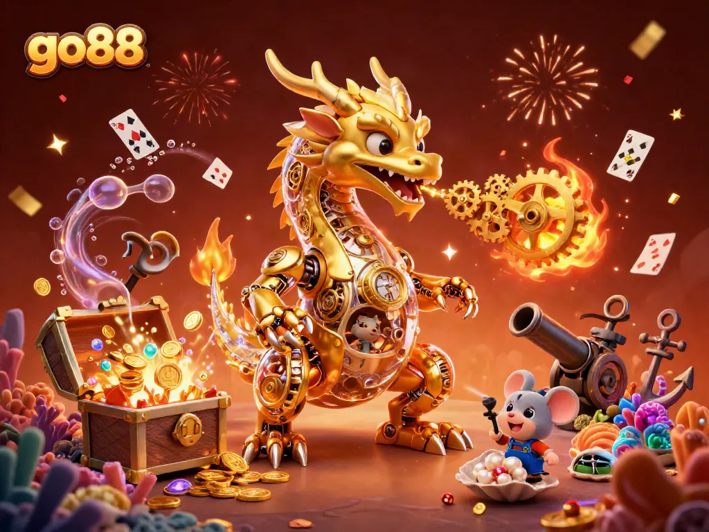 Engage in thrilling gameplay with go88, featuring a biomechanical golden dragon and underwater treasure.