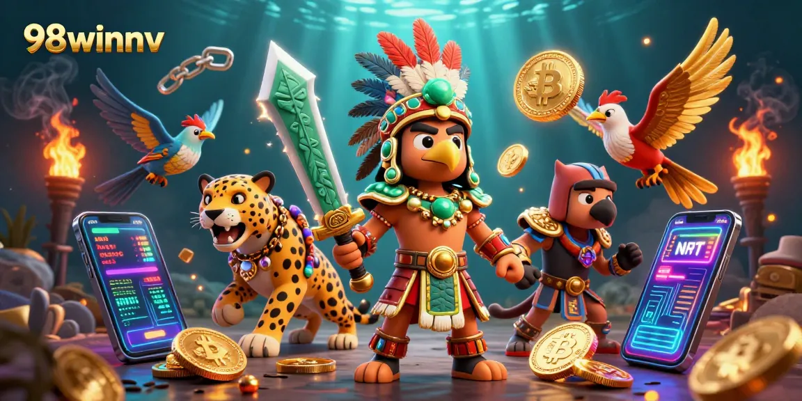Engage with 98winnv in a vibrant 3D casino scene featuring Aztec warriors and crypto elements.