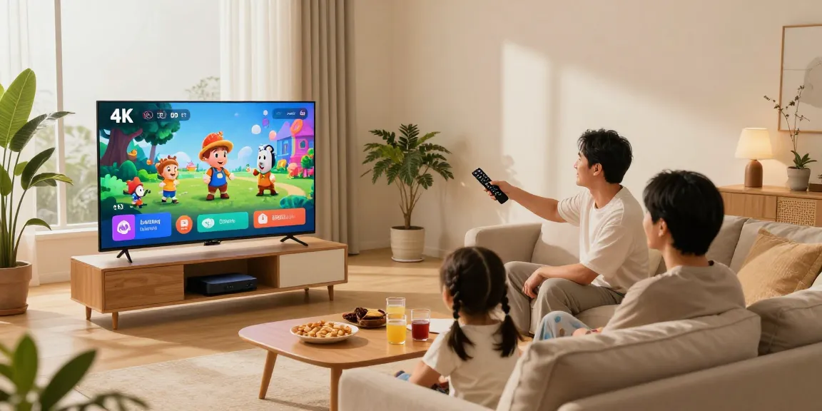 Familie genießt das IPTV-Kauf-Erlebnis auf einem Smart TV mit 4K-Inhalten.