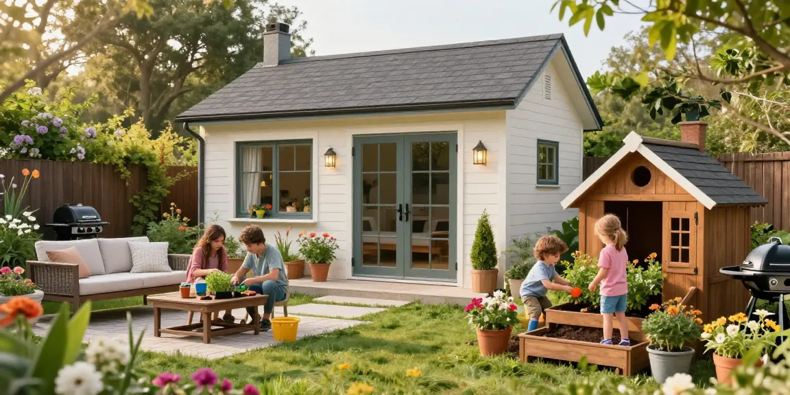 Modernes Gartenhaus im schön angelegten Garten, Familie pflanzt Blumen und Kräuter. Gartenidylle genießen.