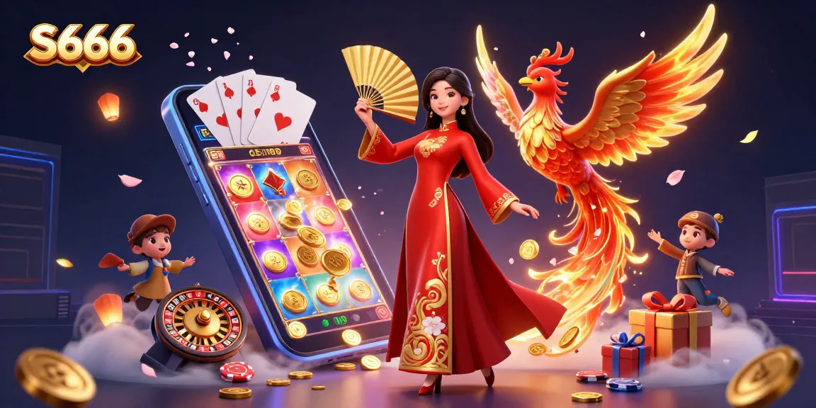 S666 game experience with vibrant slots, a graceful woman in ao dai, and golden phoenix elements.